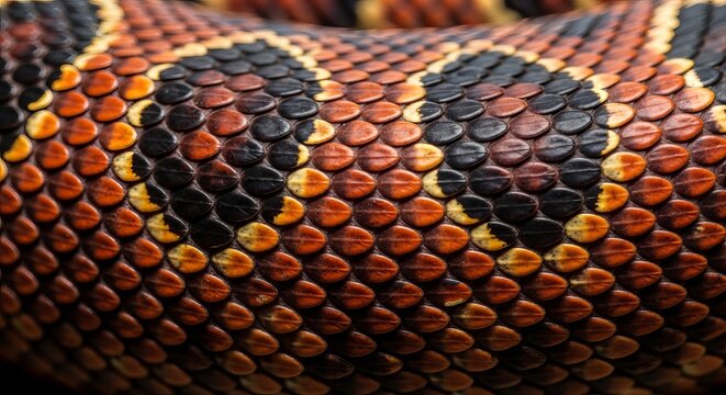 A detailed close up view of the intricate and colorful pattern on a wild snake's skin showcasing its beautiful reptilian scales and natural texture