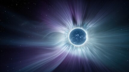 Fototapeta premium A painterly solar corona explosion with rippling aurora energy cascading toward a small blue planet. 