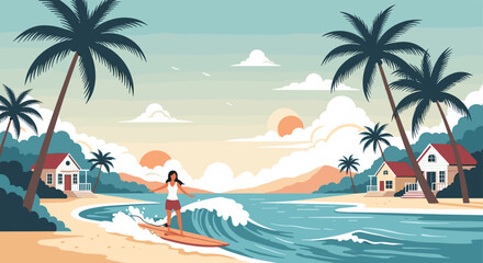 Obraz premium A person surfs a wave near palm trees and houses on a sandy beach.