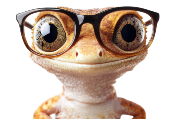 Cheerful gecko wearing thin rimmed glasses enjoys a sunny day with a bright smile in a cozy garden setting surrounded by colorful plants