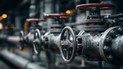 Close-up of oil pipeline valves and machinery, dramatic lighting, detailed industrial texture, innovation in energy sector