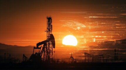 Double exposure of an oil rig silhouette over a glowing sunrise and digital data lines, concept of smart energy and technology.
