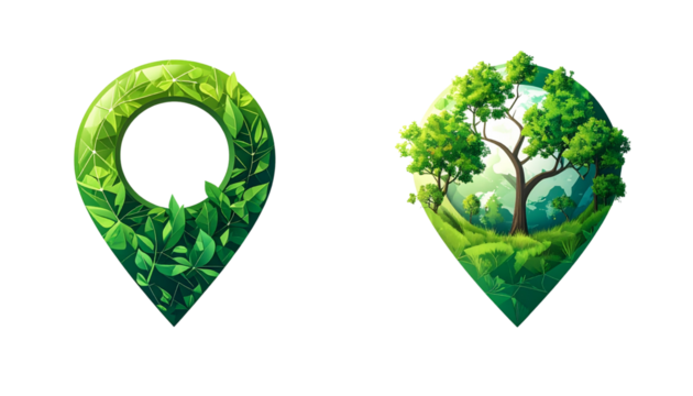 Green nature-themed location icon isolated on transparent background - Powered by Adobe