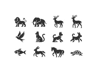 Black and white animals set silhouette in white background.