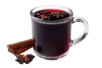 Glass mug filled with dark red mulled wine and spices isolated on a transparent background image