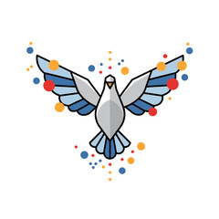 Stylized geometric dove with colorful confetti flying around.