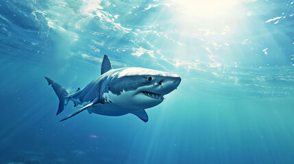 Obraz premium Great white shark in blue ocean. Underwater photography. Predator hunting near water surface.