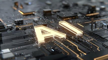 Golden AI letters integrated into a futuristic, dark and complex computer circuit board.