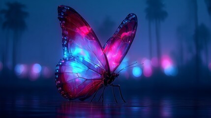 Neon Blue And Pink Butterfly With Glowing Wings Resting On Wet Surface In Futuristic Night Light Scene
