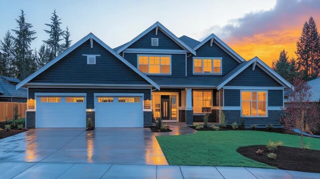 Dusk facade house boasts gabled roofs, lit windows, green lawn