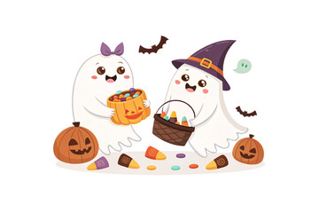 Fototapeta premium Adorable white ghosts with purple witch hat collecting Halloween candy in pumpkin baskets and buckets, isolated on a transparent background