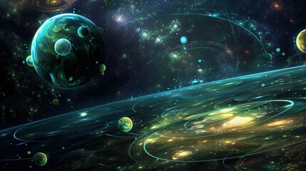 Fototapeta premium Celestial bodies linked by harmonic resonance lines, dancing in space with a fading phantom planet. 