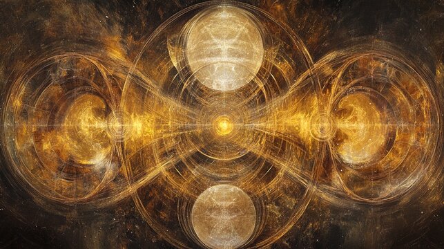 Celestial bodies linked by harmonic resonance lines, dancing in space with a fading phantom planet.
