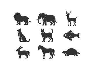 Naklejka premium Black and white animals set silhouette in white background.