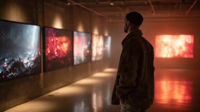 A young Middle-Eastern man with dark hair stands in an art gallery, observing vibrant digital artworks displayed on the walls in a modern setting.