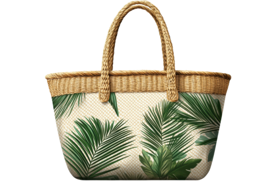 Beach bag with tropical palm leaf design isolated on a clear background for summer outings and beach trips, perfect for carrying essentials to the coast or poolside