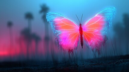 Glowing Neon Butterfly With Bright Blue And Pink Wings Flying Gracefully In Misty Tropical Night With Palm Trees In Background
