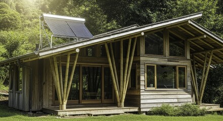 Obraz premium Sustainable Bamboo and Wood Eco-Lodge with Solar Water Heating, Nestled in a Vibrant Green Forest Environment