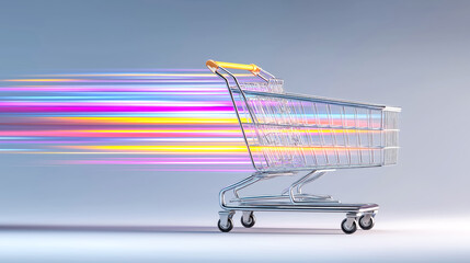 Shopping cart with colorful light trails on a blue-gray backgrou