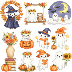 Naklejka premium Cute halloween characters and autumn elements watercolor style for festive decorations and crafts