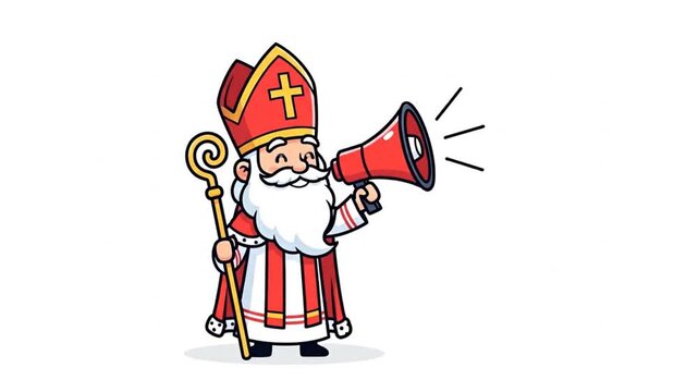 Cartoon Saint Nicholas Character Announcing with Megaphone and Staff Illustration Video