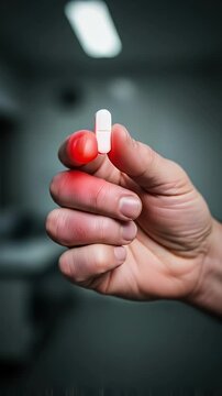 Dramatic Close-Up of a Hand with Inflamed Joints Holding a Single White Pain Relief Pill