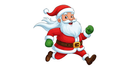 Cartoon Santa Claus running cheerfully with his traditional red suit and green gloves, white background