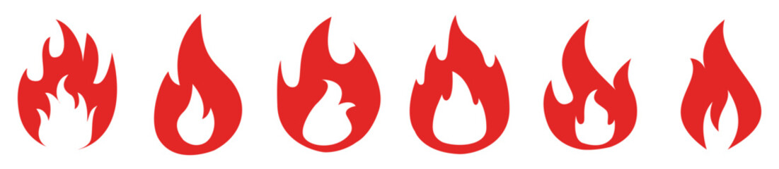 Red fire set isolated on white background. Vector