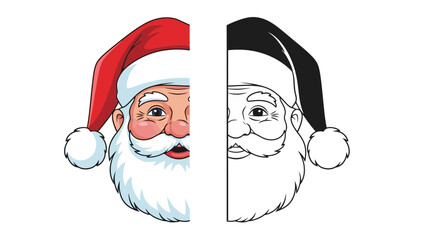 Vector illustration of Santa Claus face with hat, in color and black and white, white background