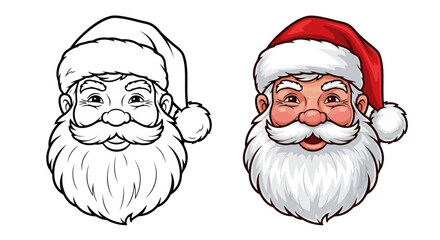 Vector illustration of two Santa Claus faces, one in black and white, one in color, white background