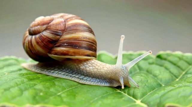 Closeup of a garden snail with a brown striped shell crawling on a vibrant green leaf in nature showcasing wildlife and macro photography details