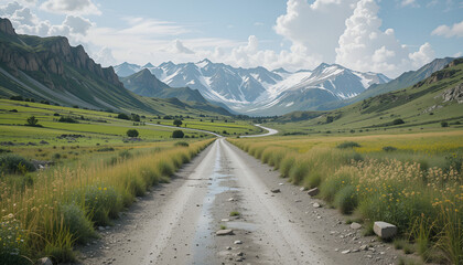 Scenic dirt road leads to snowcapped mountains under a cloudy sky