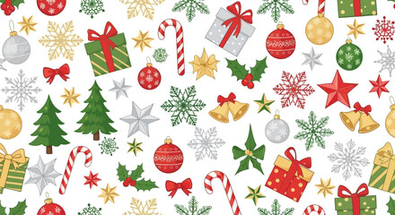 Festive vector seamless pattern illustration with classic Christmas elements for holiday backgrounds and designs, white background