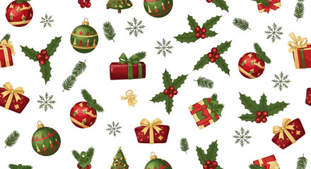 Festive vector seamless pattern illustration with classic Christmas elements for holiday backgrounds and designs, white background