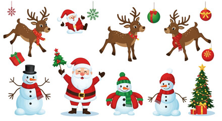 Festive Christmas vector illustration with Santa Claus, reindeer, snowmen, and other holiday themed characters, white background © akmal