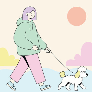 Flat pastel vector of a young woman walking her dog in the park. Minimal style perfect for lifestyle, pet care, or outdoor activity design.