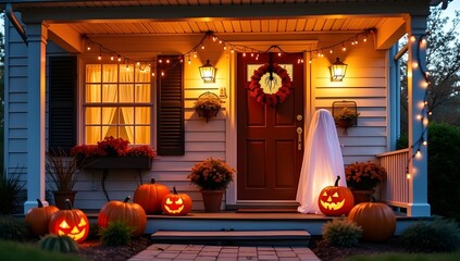 Cozy Halloween Porch with Pumpkins and Lights