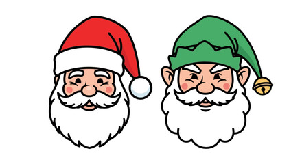 Outlined vector illustration of two Santa Claus faces with different hats, white background