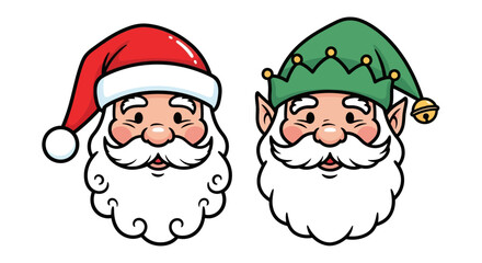 Outlined vector illustration of two Santa Claus faces with different hats, white background