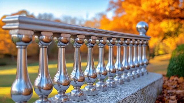 Gleaming silver balustrade detail with autumn foliage backdrop, capturing reflection