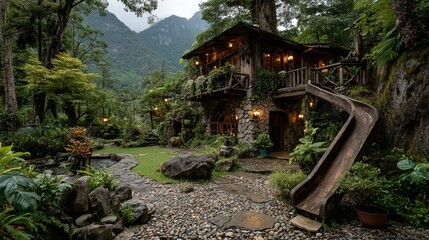 Enchanting wooden treehouse resort nestled in lush jungle with winding stone paths and a fun slide, perfect for a magical escape.