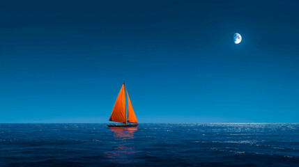 Single orange sailboat on dark blue ocean under crescent moon wa
