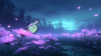 Butterfly Resting On Purple Flowers In Misty Field At Twilight With Soft Blue Sky And Glowing Light In Peaceful Nature Scene
