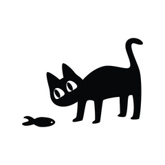 Cat Searching for Food. Hungry Black Cat. Cat eating fish. Curious Hungry Cat.