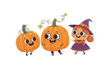Fototapeta premium Whimsical Halloween scene with animated pumpkins with legs and young witch character in purple costume, isolated on a transparent background