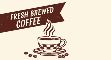 Classic diner-style coffee cup illustration with a checkered pattern and rising steam, accompanied by coffee beans on a saucer