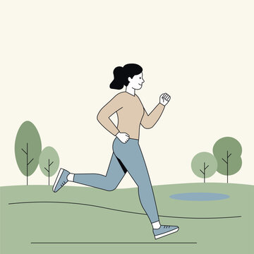A woman runs through a green park, embracing an energetic morning run in nature.