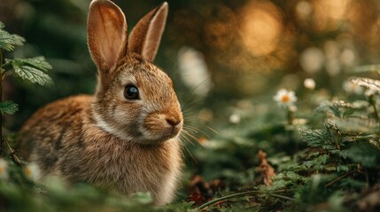 Fototapeta premium Adorable BROWN RABBIT with Large Ears and Bright Eyes Sitting Among Green Foliage in Natural Forest Setting Du Daylight