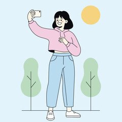 Vector illustration of a happy woman taking selfie with smartphone in park. Modern minimal flat style, perfect for social media and lifestyle themes.
