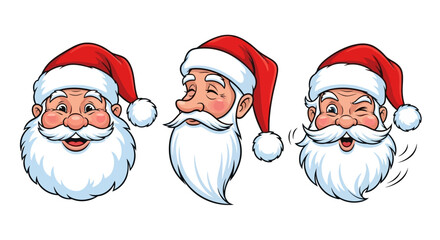 Vector illustration of three different Santa Claus faces with red hats and white beards, white background